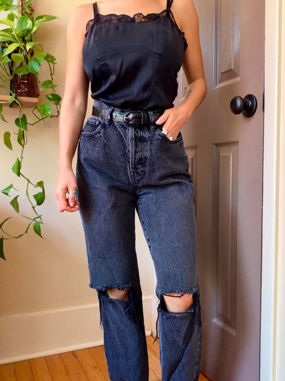 Grunge Punk Black Distressed Straight Leg High Waisted Streetwear Jeans